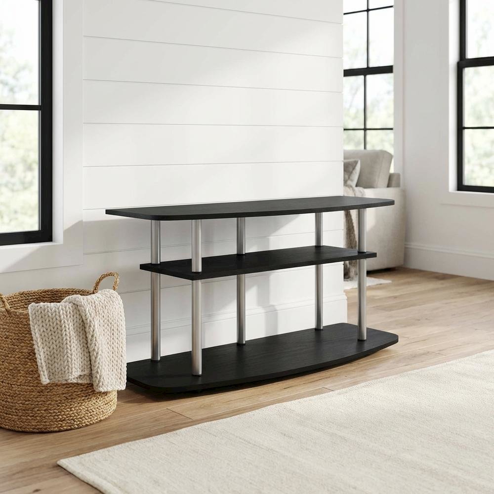 Wood TV stand in black oak finish, 3-tier open shelves, living room storage. Picture 2