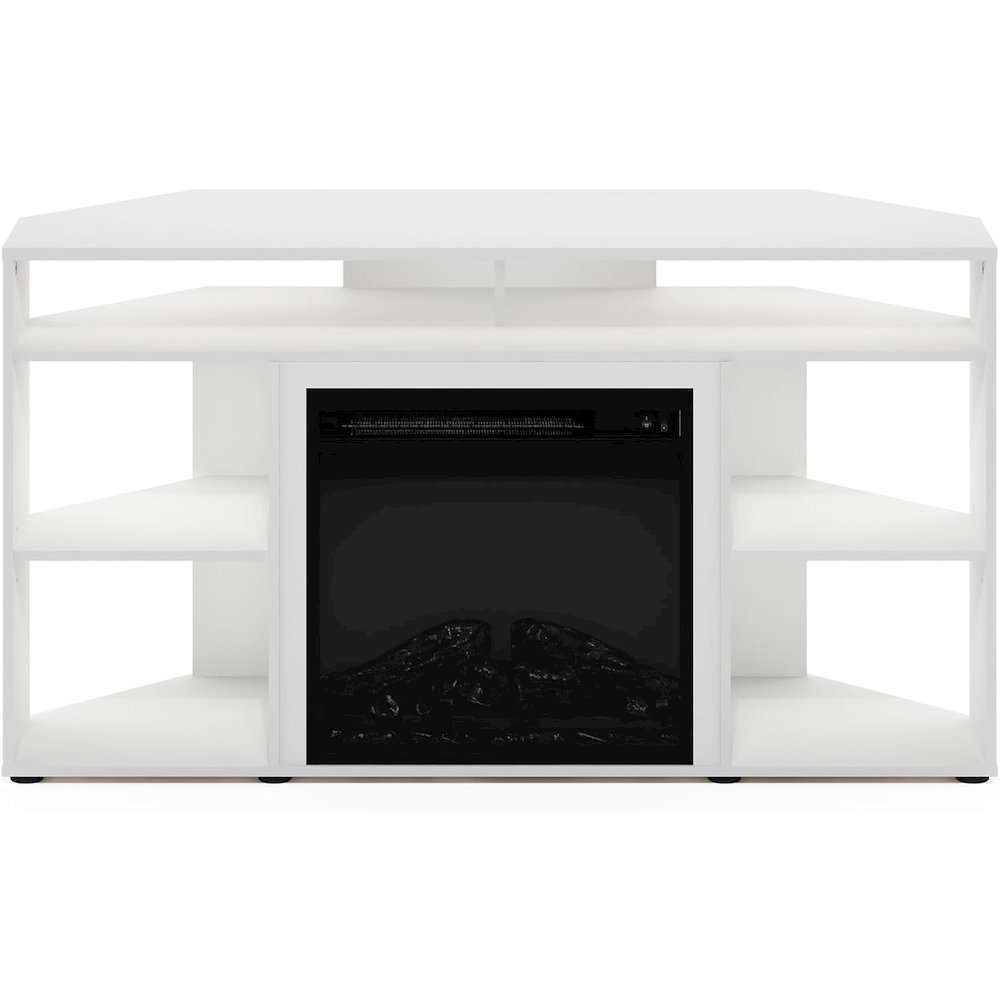 White TV Stand with Fireplace Insert and Six Open Shelves for 55 Inch Displays. Picture 1