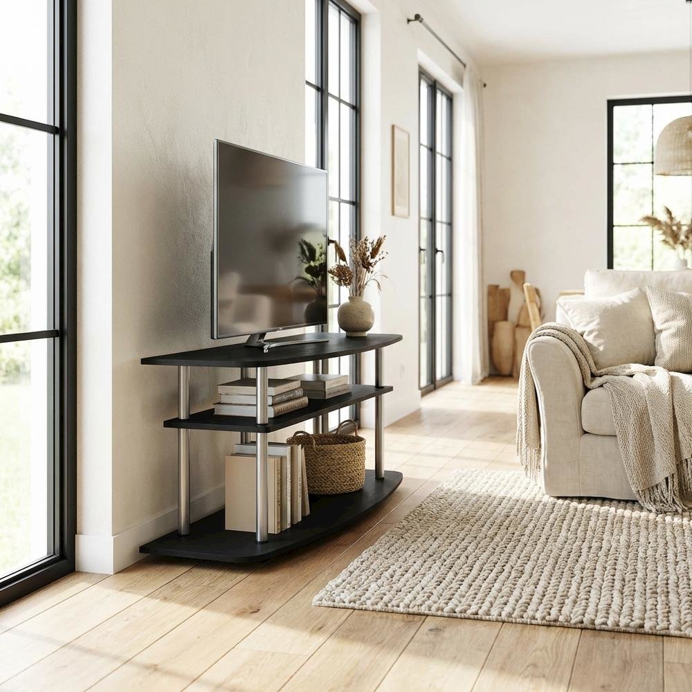 Wood TV stand in black oak finish, 3-tier open shelves, living room storage. Picture 3