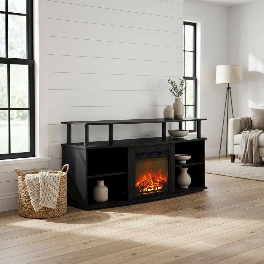 Brown open shelving entertainment center, ample TV storage, up to 55 inches. Picture 2