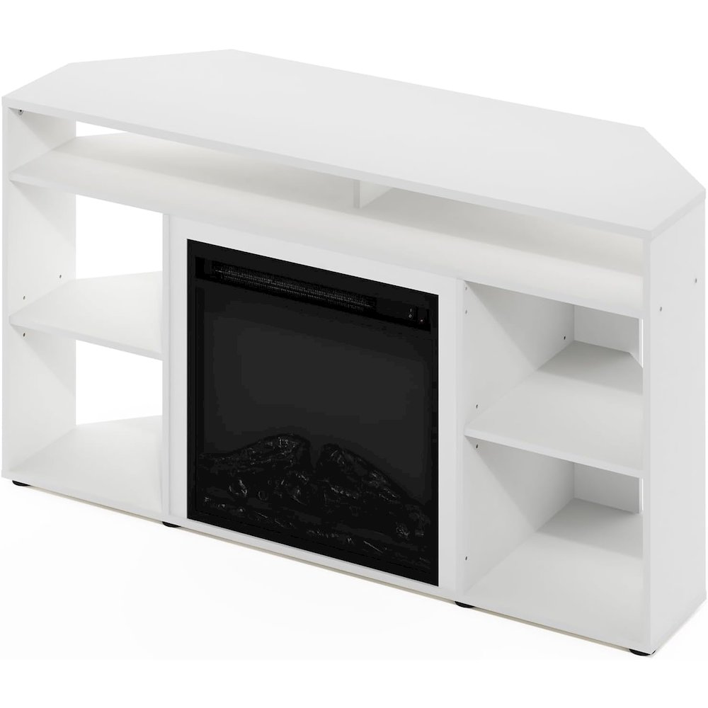 White TV Stand with Fireplace Insert and Six Open Shelves for 55 Inch Displays. Picture 5