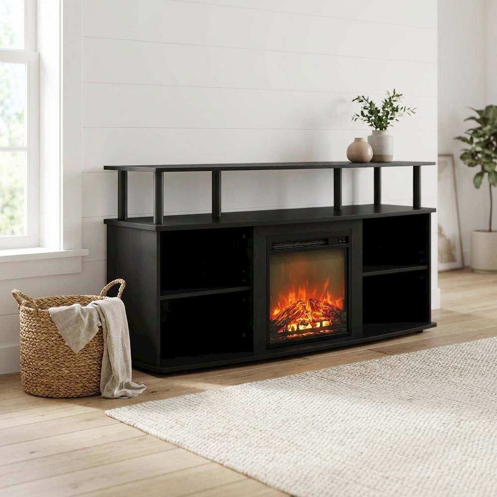 Brown open shelving entertainment center, ample TV storage, up to 55 inches. Picture 3