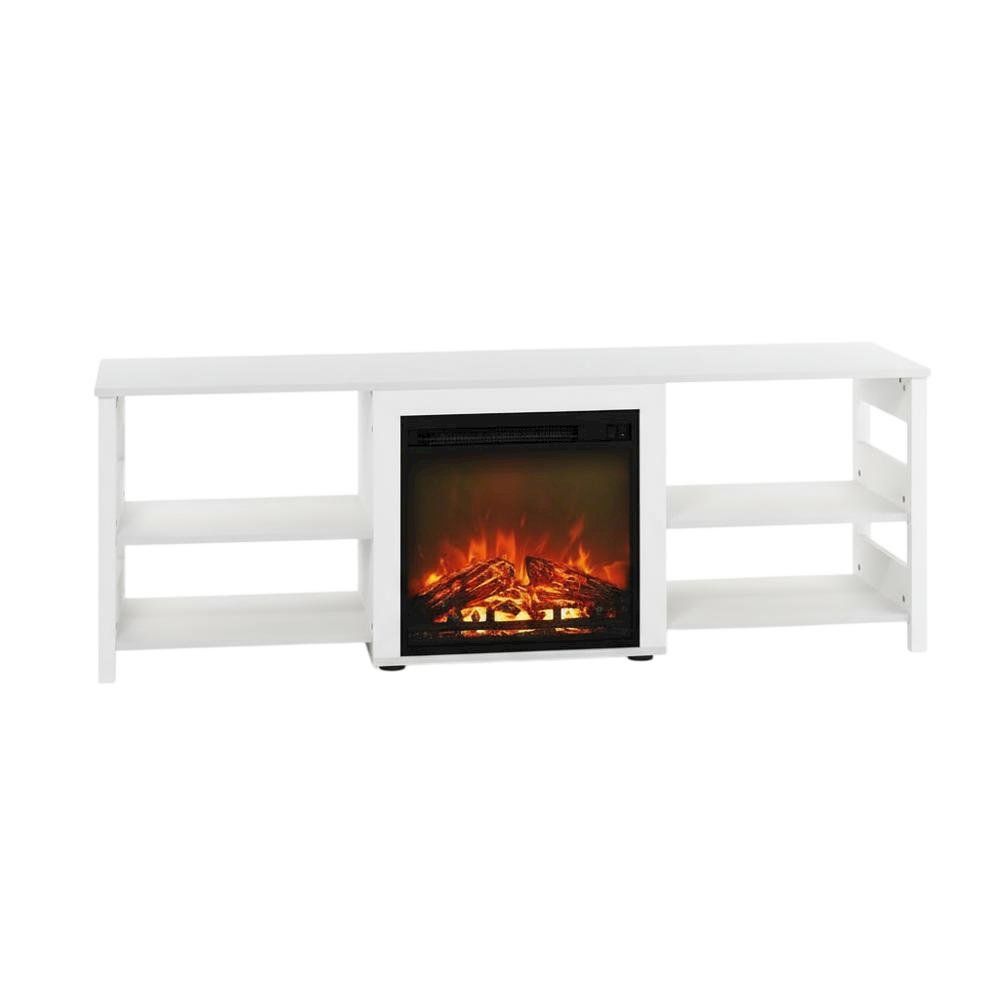 White Emboss TV Stand with Fireplace and Wooden Finish. Picture 4