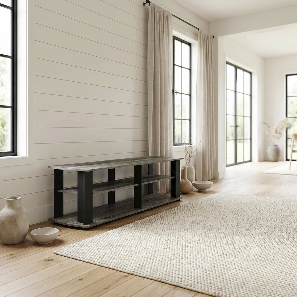 Black and French Oak TV Stand with Composite Wood Construction for Living Room. Picture 3