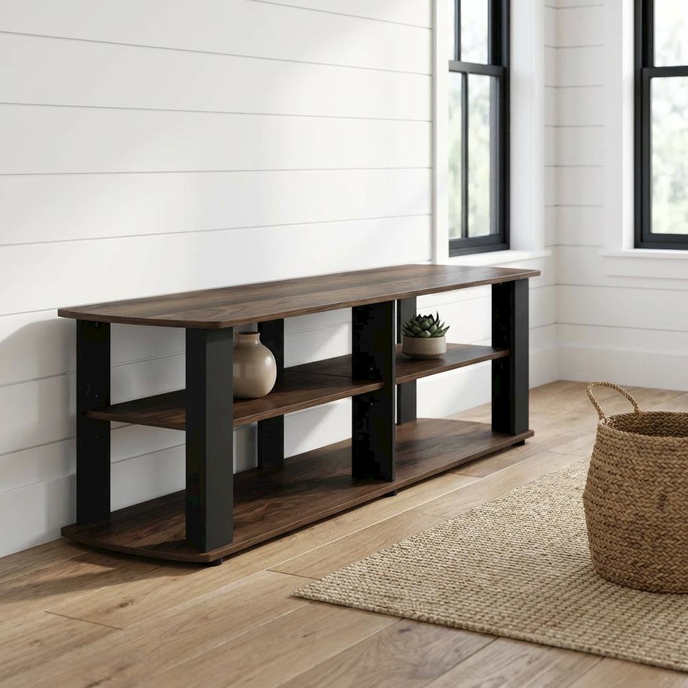 Walnut and black entertainment center with composite wood finish for TV storage. Picture 2