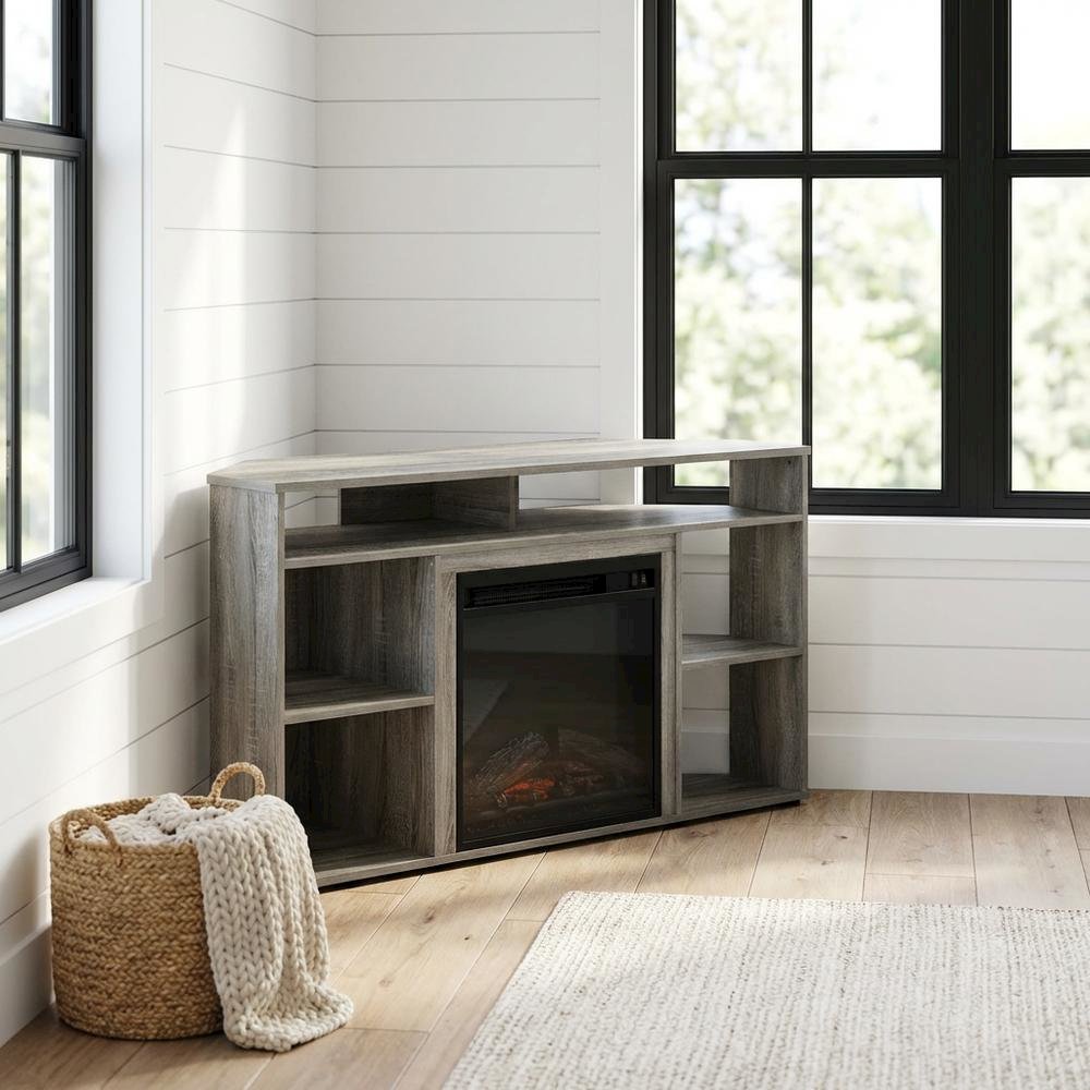 French Oak Grey TV Stand with Fireplace for Up to 55-Inch Screens. Picture 2