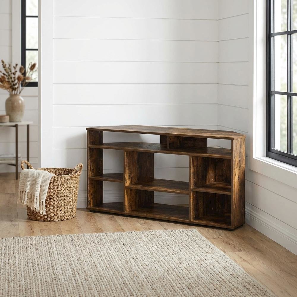 Gold Corner TV Stand for Up to 55-Inch Screens, Rubberwood & Walnut Veneers. Picture 2