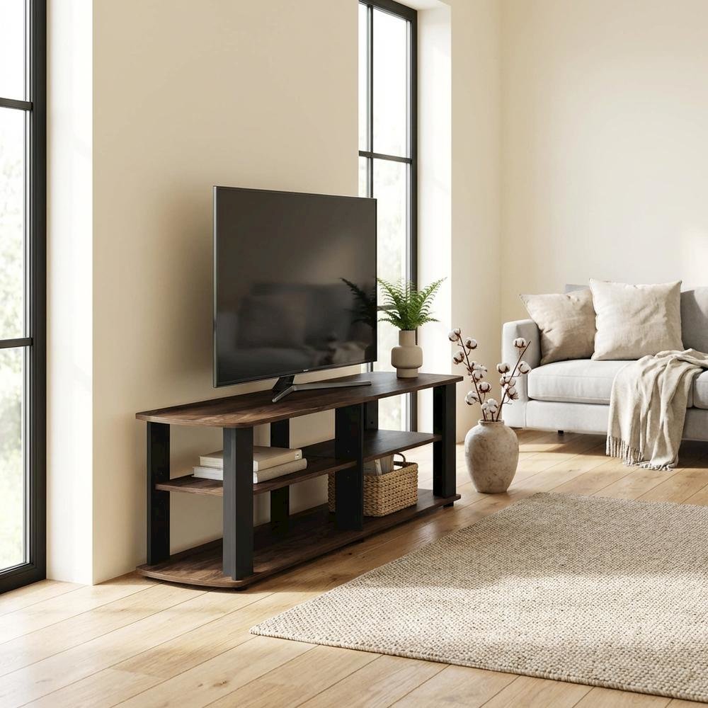 Walnut and black entertainment center with composite wood finish for TV storage. Picture 3