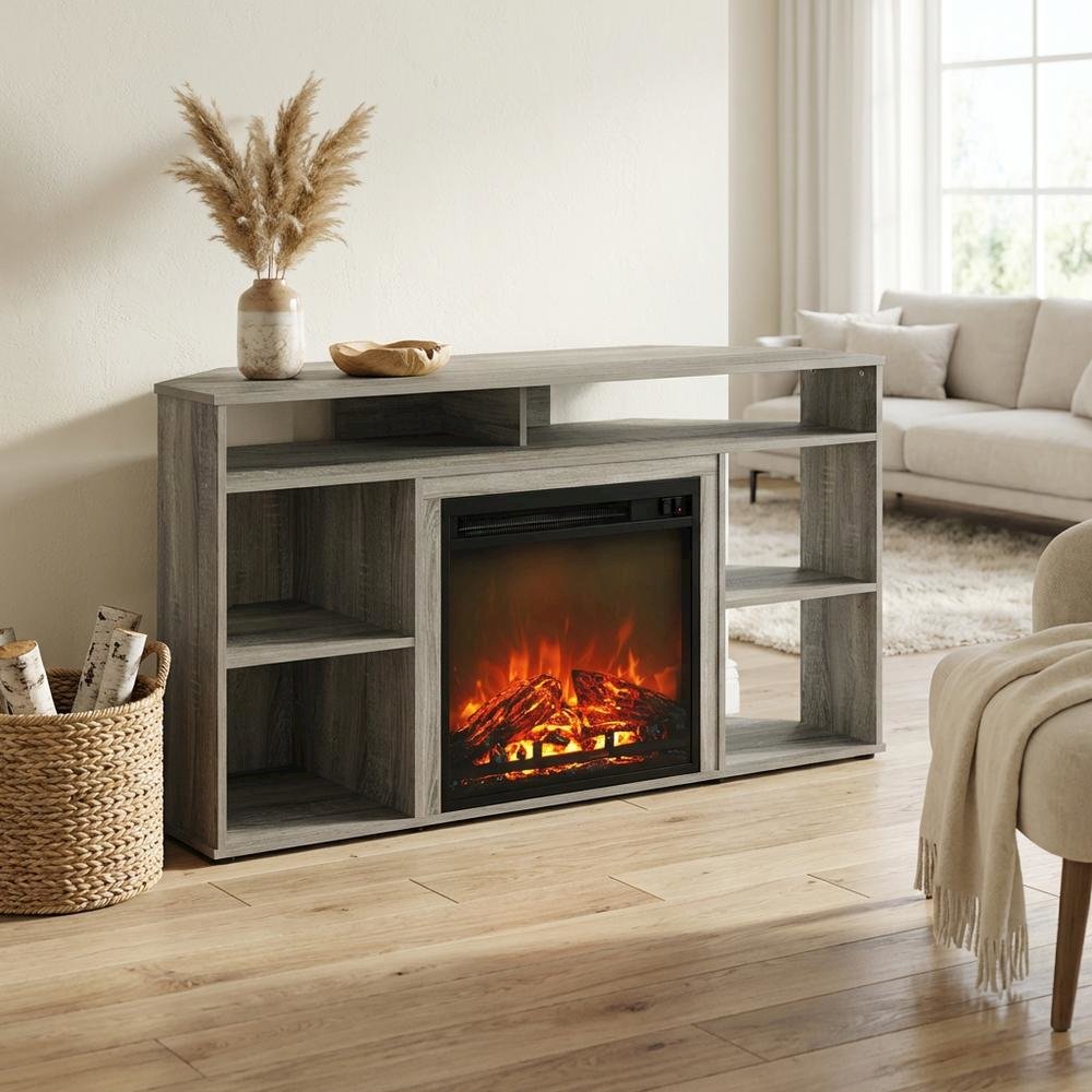 French Oak Grey TV Stand with Fireplace for Up to 55-Inch Screens. Picture 3
