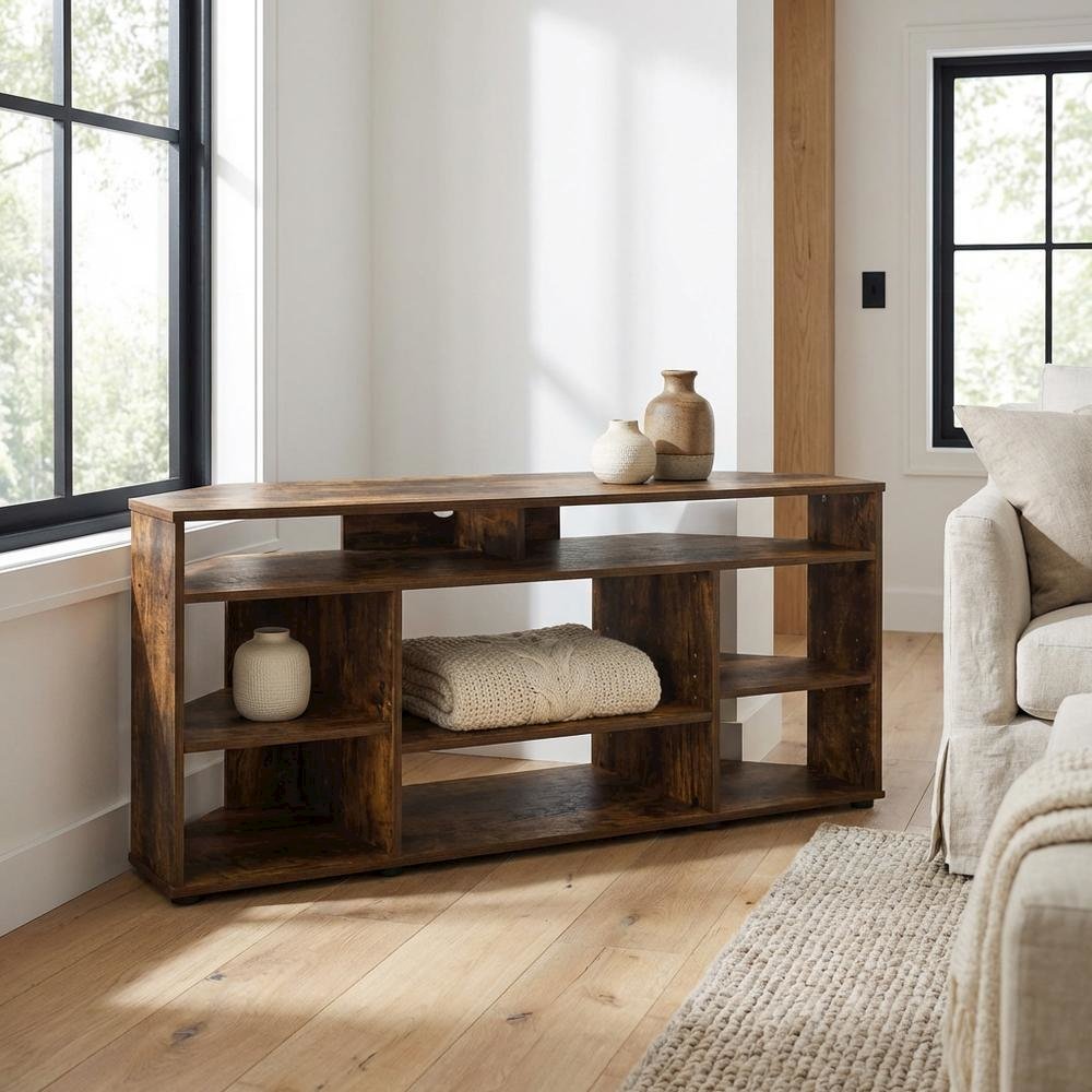 Gold Corner TV Stand for Up to 55-Inch Screens, Rubberwood & Walnut Veneers. Picture 3