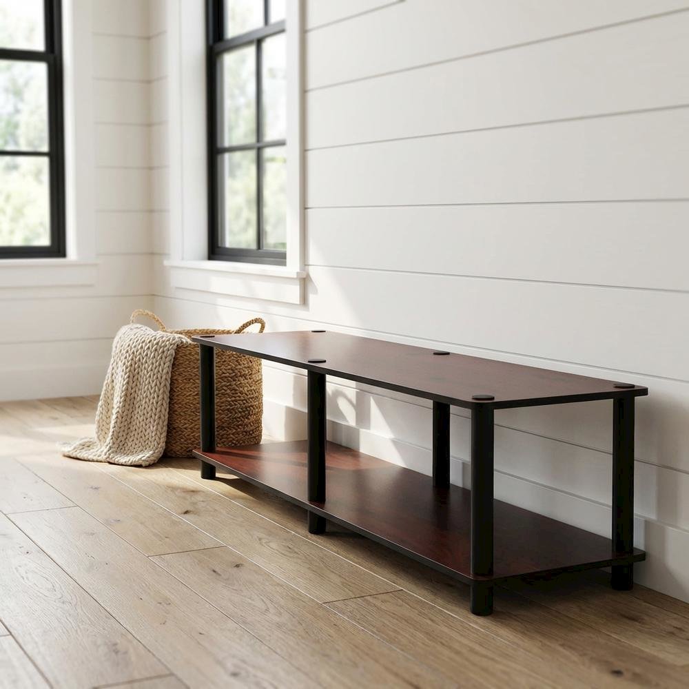 Dark Cherry TV Stand with Black Tube Frame and Composite Wood Construction. Picture 2