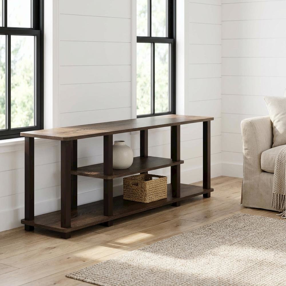 Walnut Brown 3-Tier TV Stand with Modern Wood Finish and Square Tube Design. Picture 2