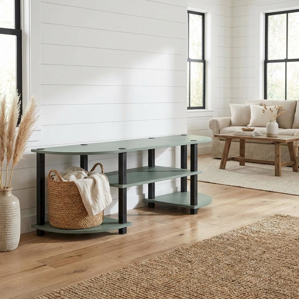Sage Green TV Stand, 55-Inch Flat Screen, Open Shelves, Rounded Corners. Picture 2