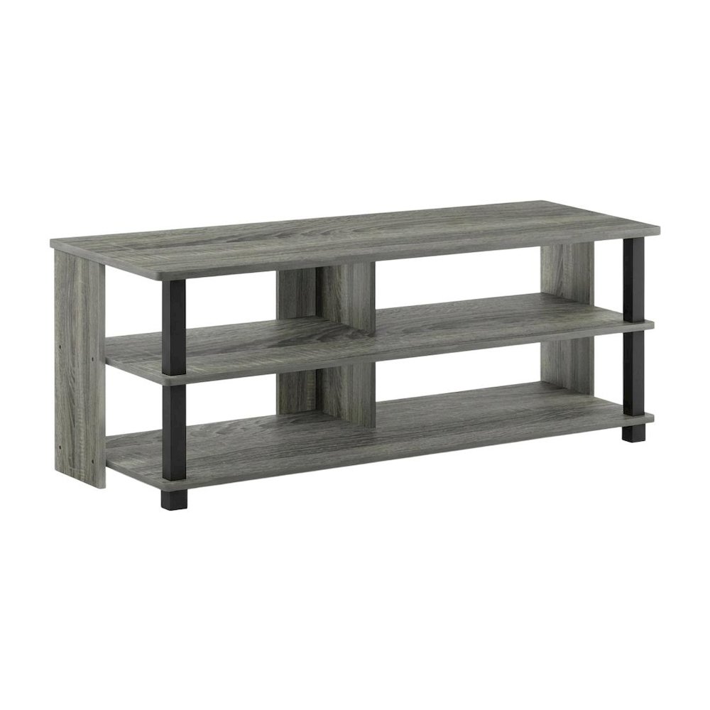 Wood TV stand in French Oak Grey, Black, three tiers, up to 50-inch TVs. Picture 1