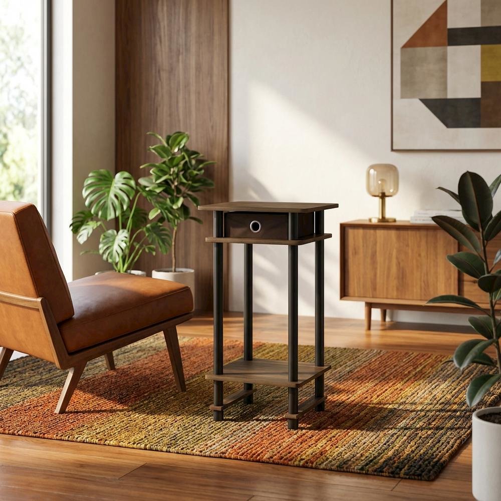 Tall end table with storage bin in dark walnut and black finish, set of 2. Picture 3
