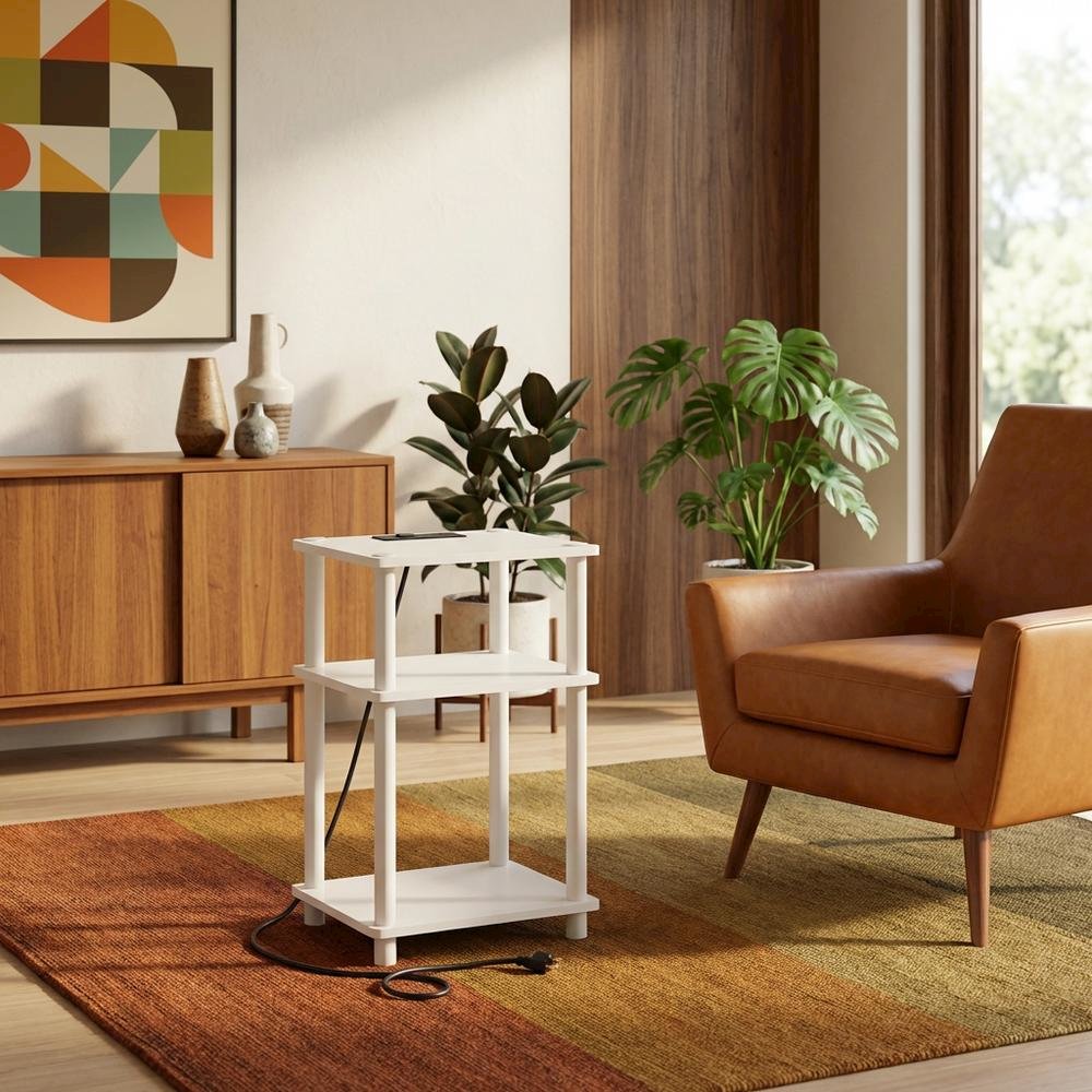 White, Storage Side Table, Open Shelf, USB Charging. Picture 2