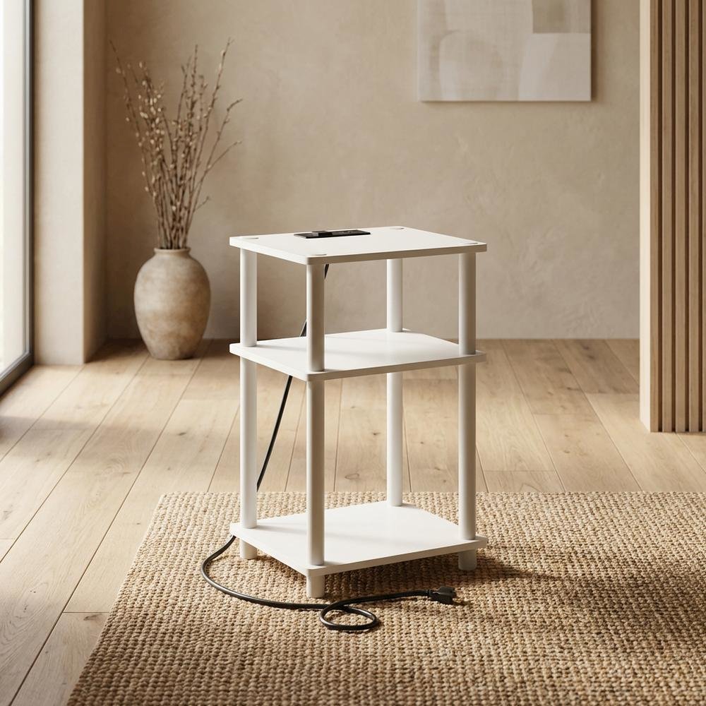 White, Storage Side Table, Open Shelf, USB Charging. Picture 3