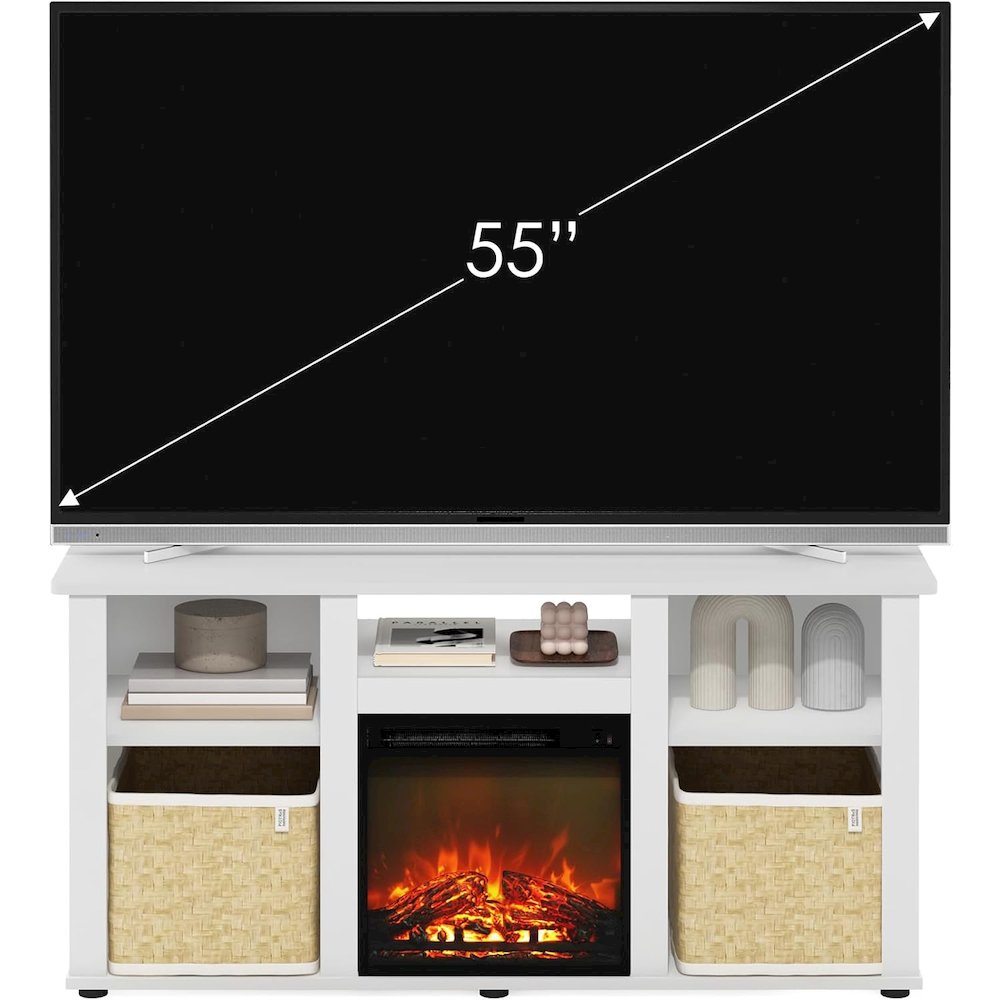 White 55 Inch Fireplace TV Stand with Five Shelves and Elegant Electric Insert. Picture 6