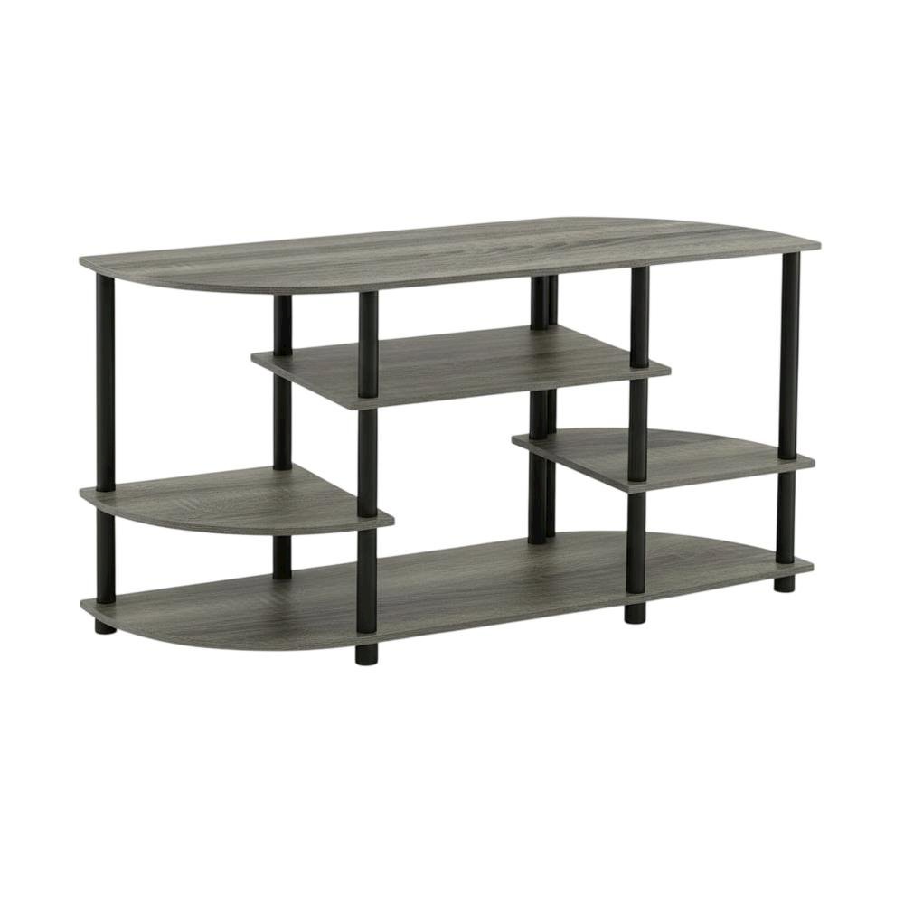 Corner TV stand in French Oak Grey/Black, durable composite wood, plastic. Picture 1