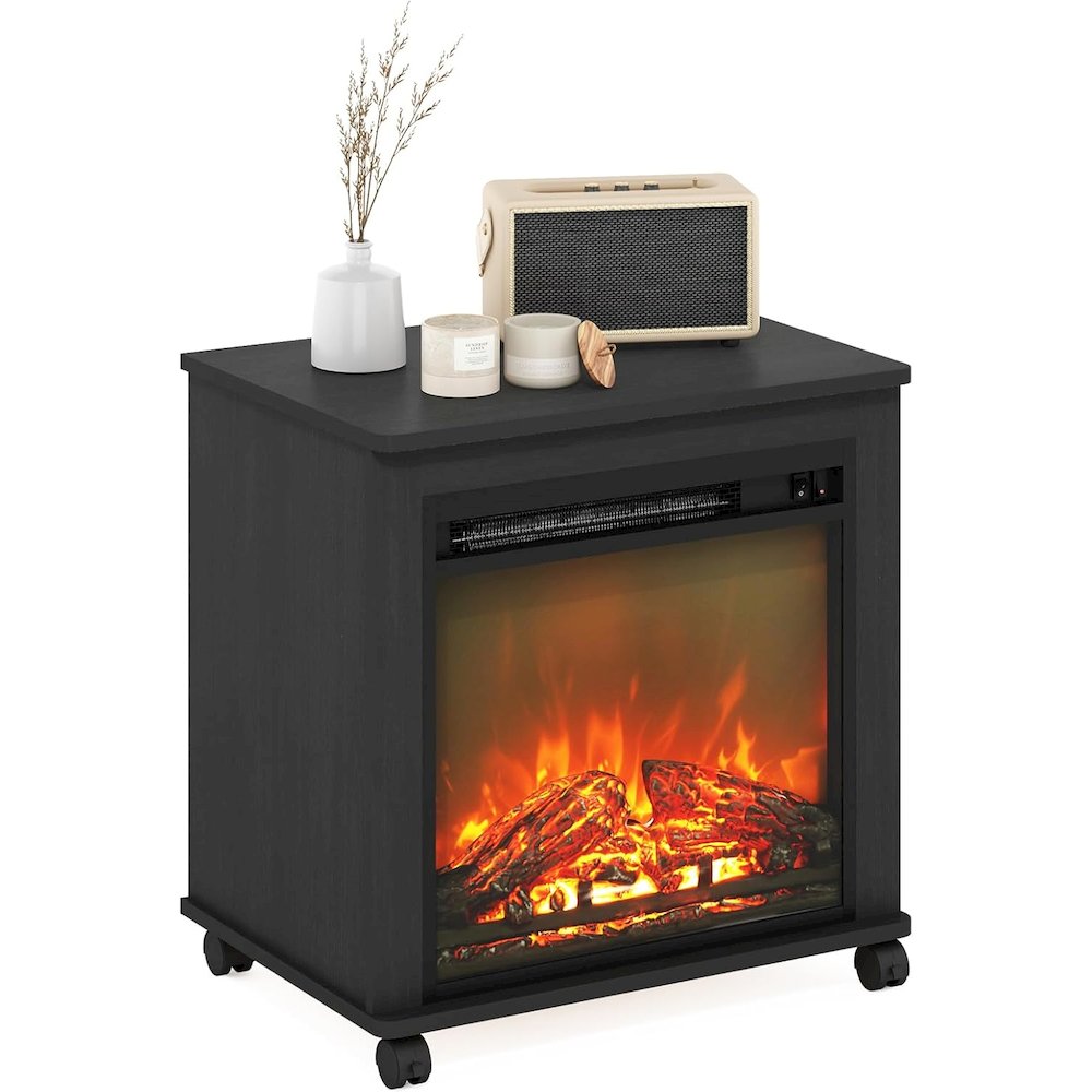 Black Electric Fireplace End Table with Heater for Indoor Use on Wheels. Picture 1