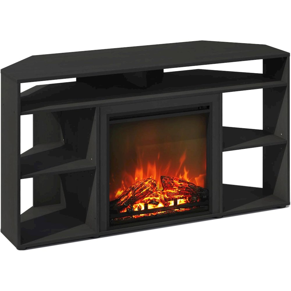 Black 55 Inch Fireplace TV Stand with Five Shelves and Electric Flame Display. Picture 1