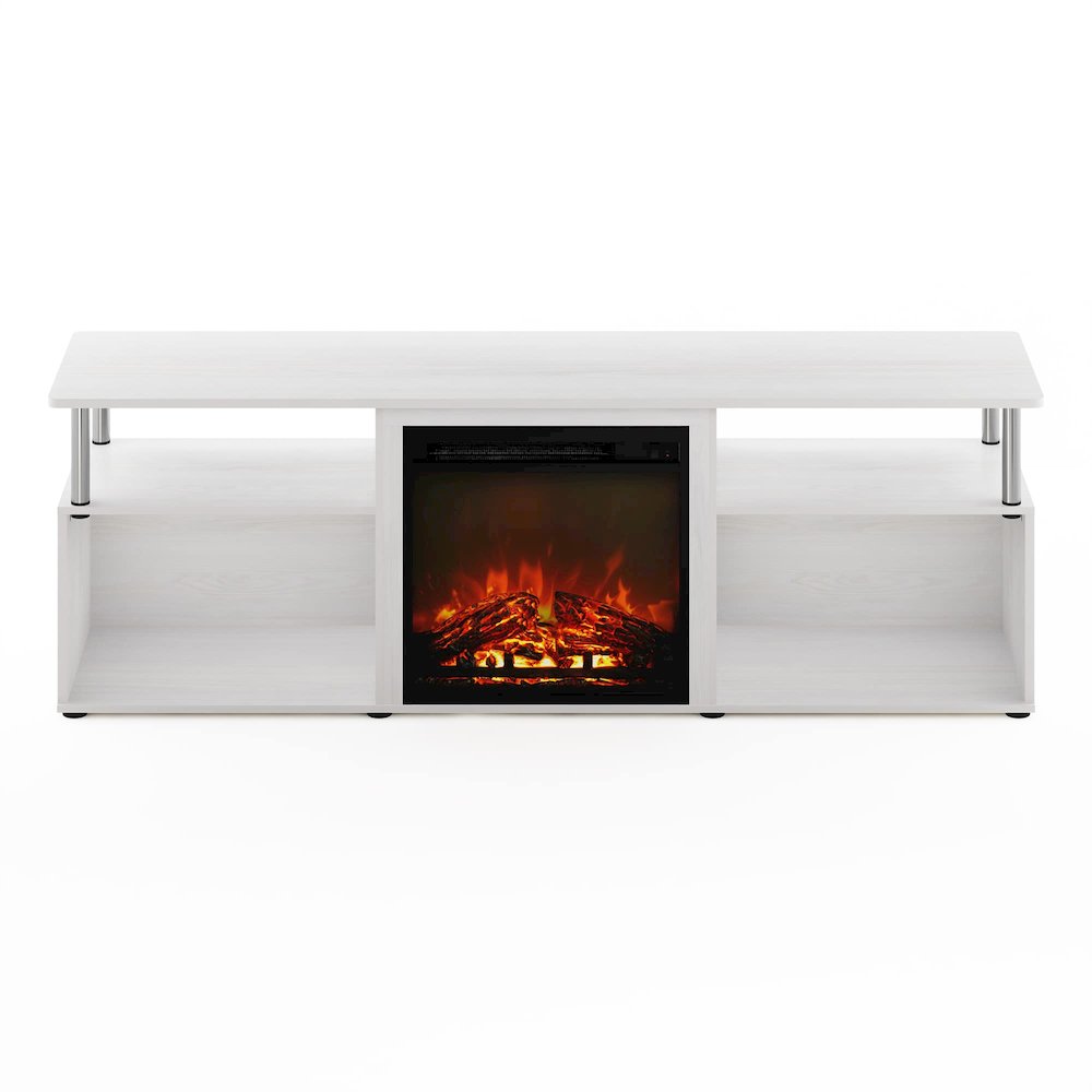 Furinno Jensen Fireplace Entertainment Center for TV up to 70 Inch with Stainless Steel Tubes, White Oak/Chrome. Picture 4
