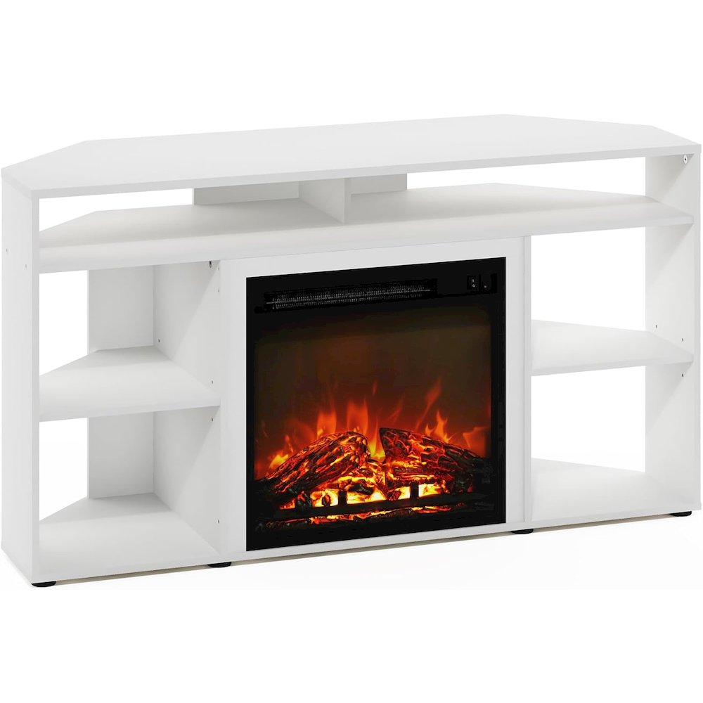 White TV Stand with Fireplace Insert and Six Open Shelves for 55 Inch Displays. Picture 2