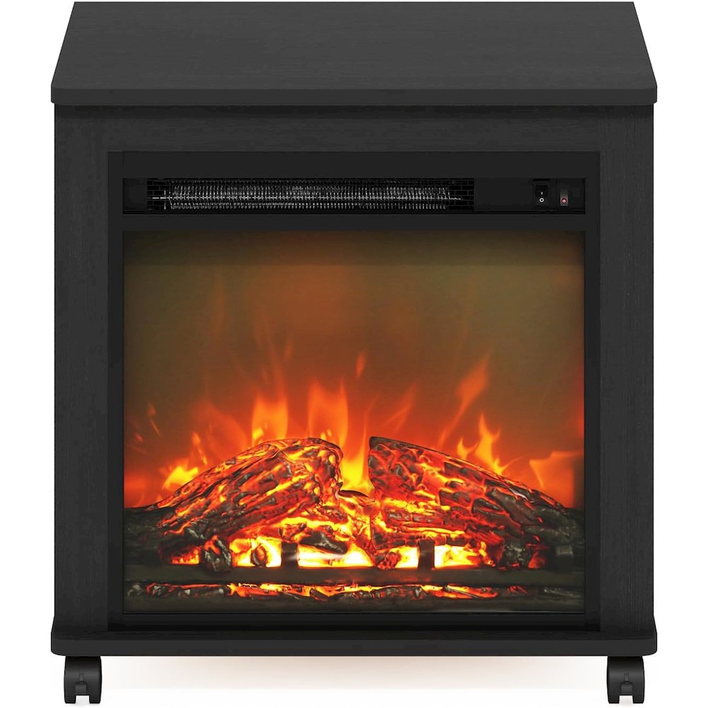 Black Electric Fireplace End Table with Heater for Indoor Use on Wheels. Picture 5