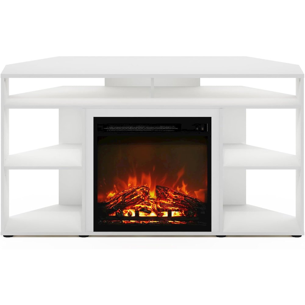 White TV Stand with Fireplace Insert and Six Open Shelves for 55 Inch Displays. Picture 6