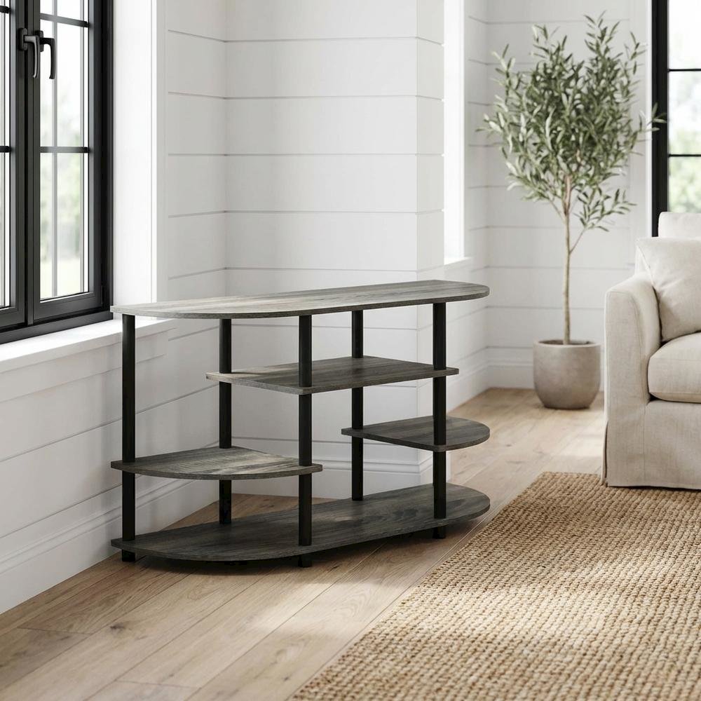 Corner TV stand in French Oak Grey/Black, durable composite wood, plastic. Picture 2