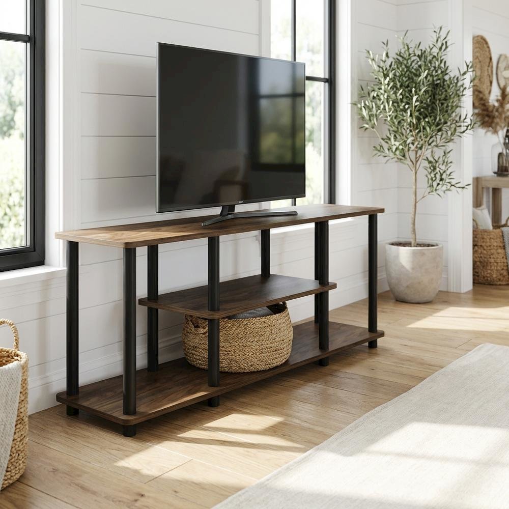 Walnut/Black TV Stand with 3-Tier Open Shelves and Modern Design. Picture 2