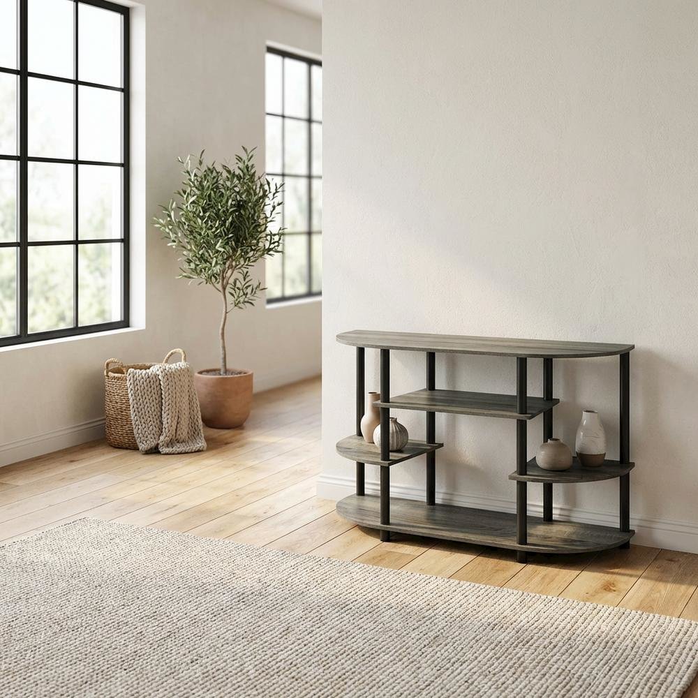 Corner TV stand in French Oak Grey/Black, durable composite wood, plastic. Picture 3
