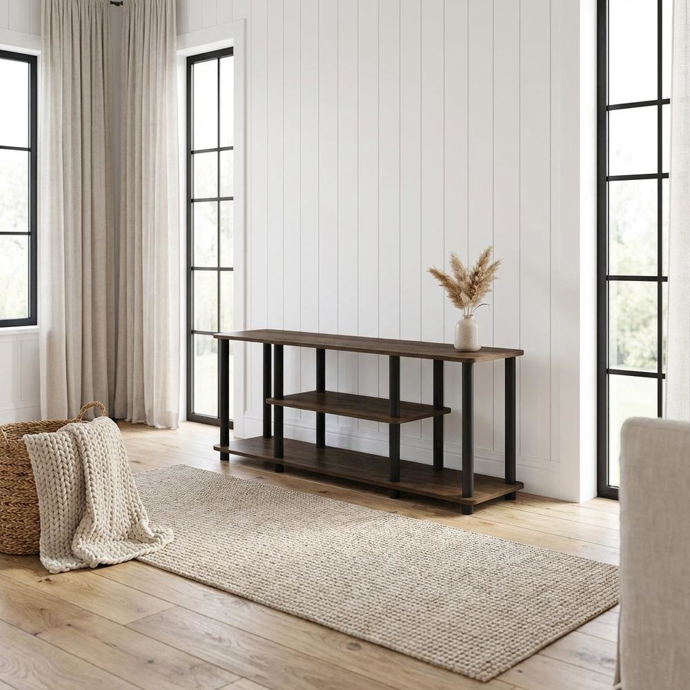 Walnut/Black TV Stand with 3-Tier Open Shelves and Modern Design. Picture 3