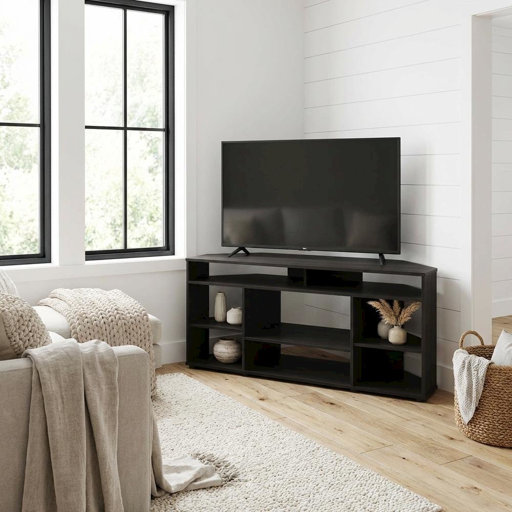 Brown corner TV stand, up to 55 inches, solid wood, walnut veneer finish. Picture 3