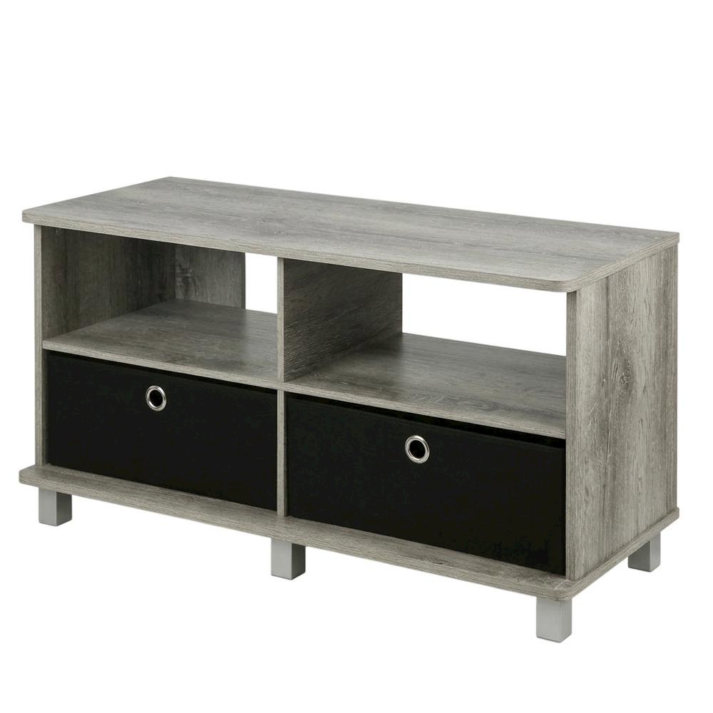 Gray/Black entertainment center with bin drawers and modern design. Picture 1
