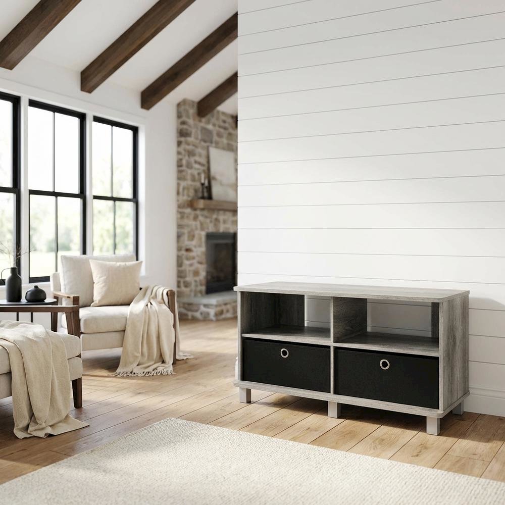 Gray/Black entertainment center with bin drawers and modern design. Picture 2