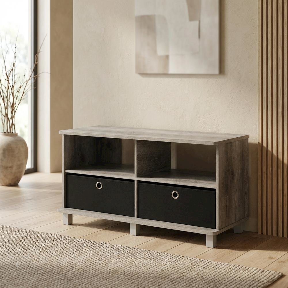 Gray/Black entertainment center with bin drawers and modern design. Picture 3