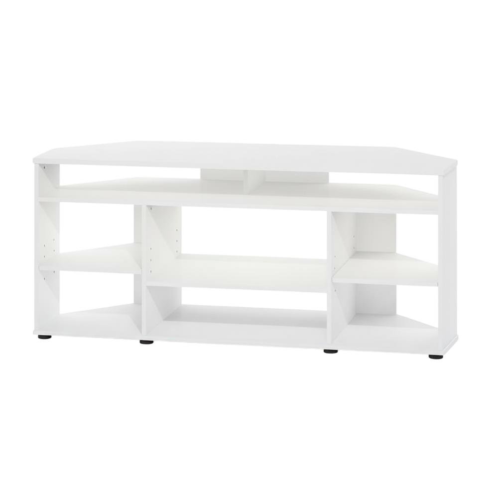 White Corner TV Stand, up to 55-Inch Flat Screens, Solid Rubberwood. Picture 1