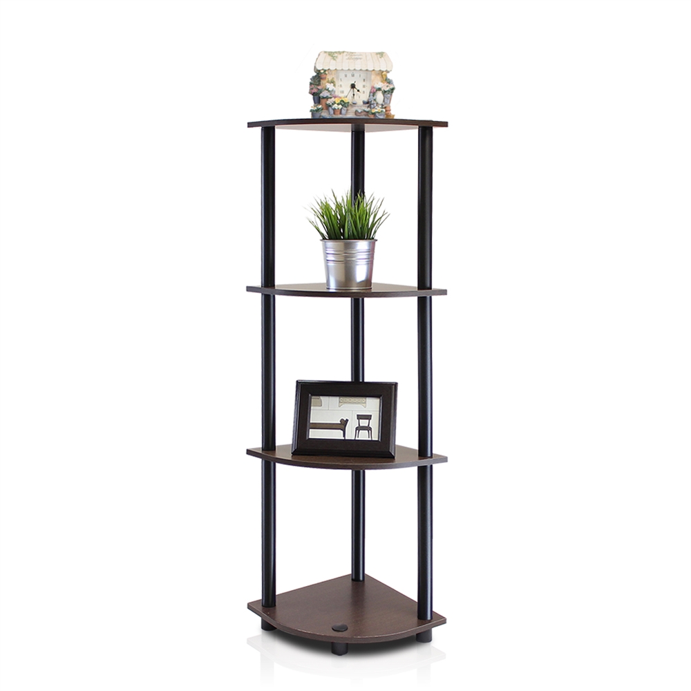 Turn-N-Tube 4-Tier Corner Display Rack Multipurpose Shelving Unit, Dark Brown Grain/Black. Picture 1