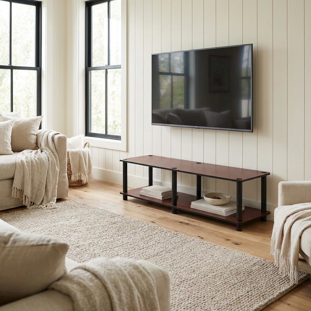 Dark Cherry TV Stand with Black Tube Frame and Composite Wood Construction. Picture 3