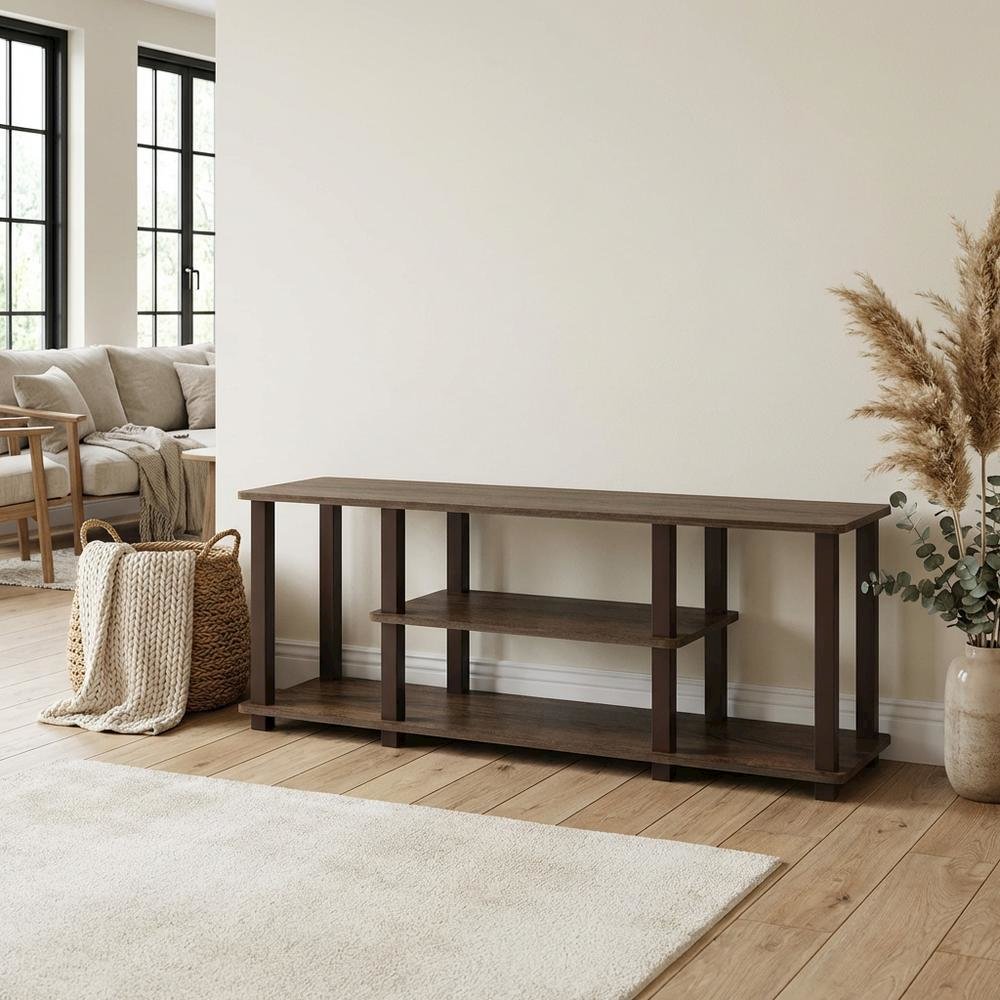 Walnut Brown 3-Tier TV Stand with Modern Wood Finish and Square Tube Design. Picture 3