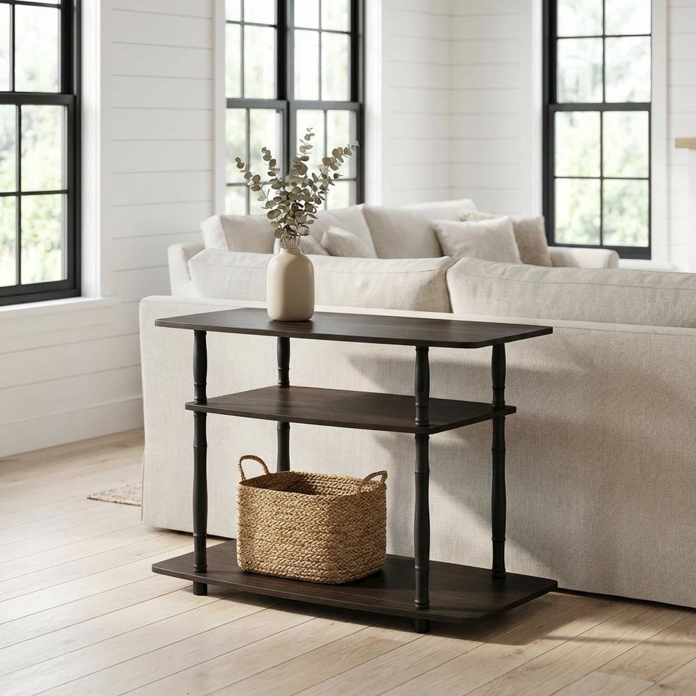 Espresso and Black Wood TV Stand with 3-Tier Open Shelves and Modern Design. Picture 2