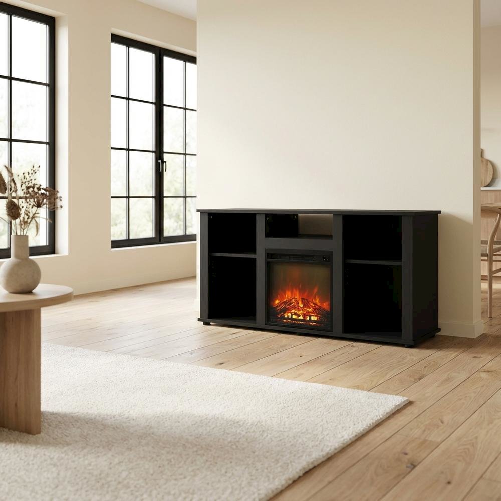 Brown Fireplace TV Stand with Open Storage for TVs up to 55 inches. Picture 3