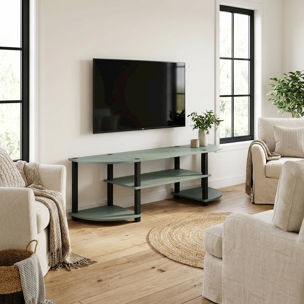 Sage Green TV Stand, 55-Inch Flat Screen, Open Shelves, Rounded Corners. Picture 3