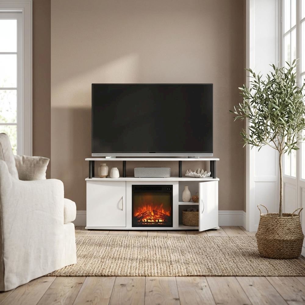 White Fireplace Entertainment Center, Doors, Storage Cabinet, Up to 55-Inch TV. Picture 3