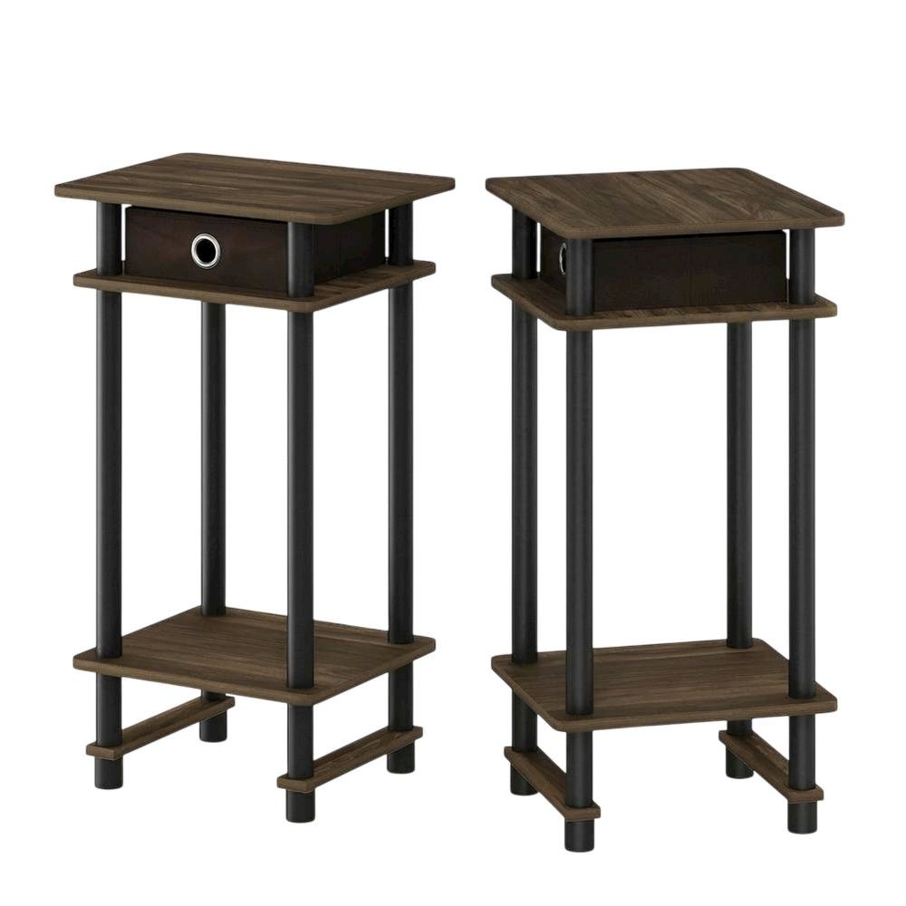 Tall end table with storage bin in dark walnut and black finish, set of 2. Picture 1