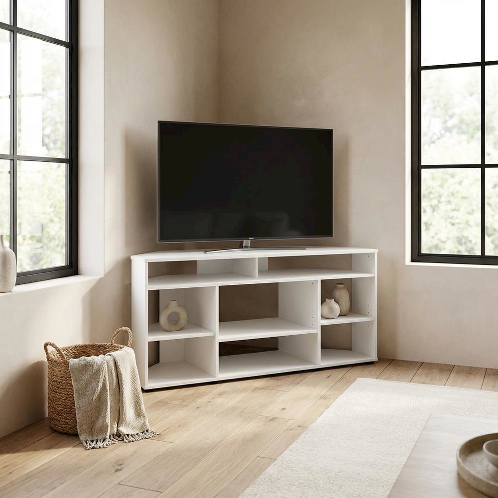 White Corner TV Stand, up to 55-Inch Flat Screens, Solid Rubberwood. Picture 3