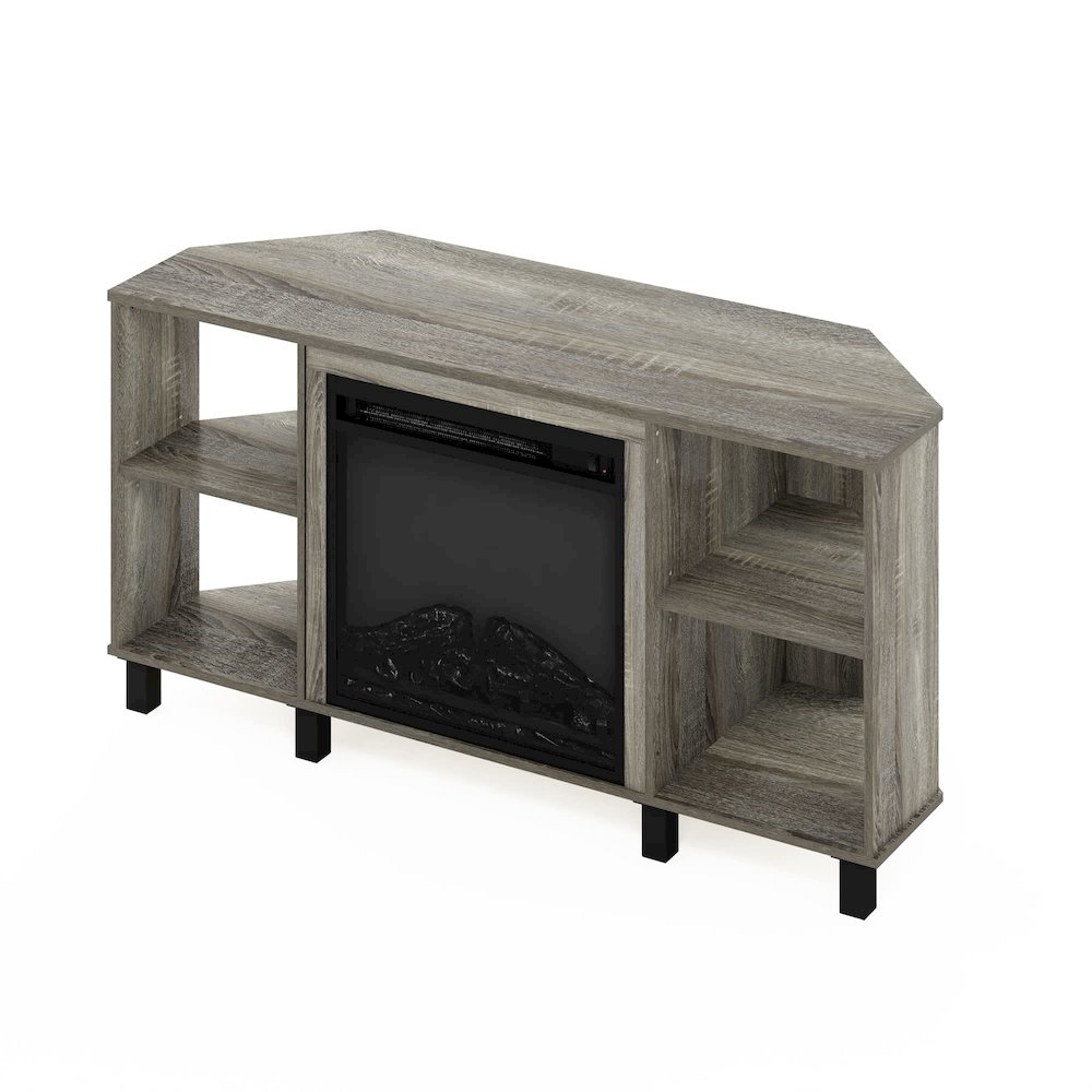 Furinno Jensen Corner Fireplce TV Stand with Metal Leg for TV up to 55 Inches, French Oak Grey. Picture 5