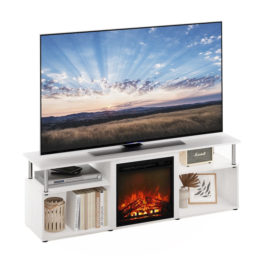 Furinno Jensen Fireplace Entertainment Center for TV up to 70 Inch with Stainless Steel Tubes, White Oak/Chrome. Picture 6