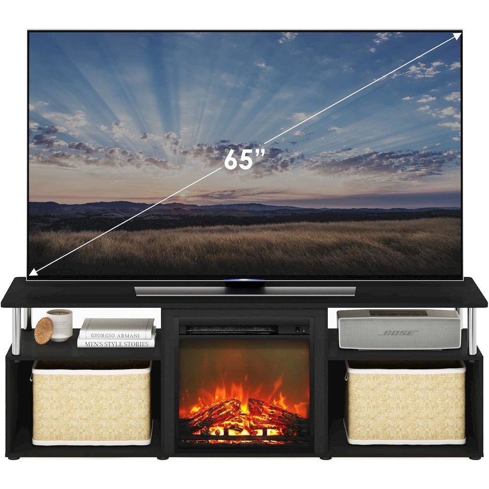 Black 70 Inch Fireplace TV Stand with Four Shelves and Elegant Electric Insert. Picture 6